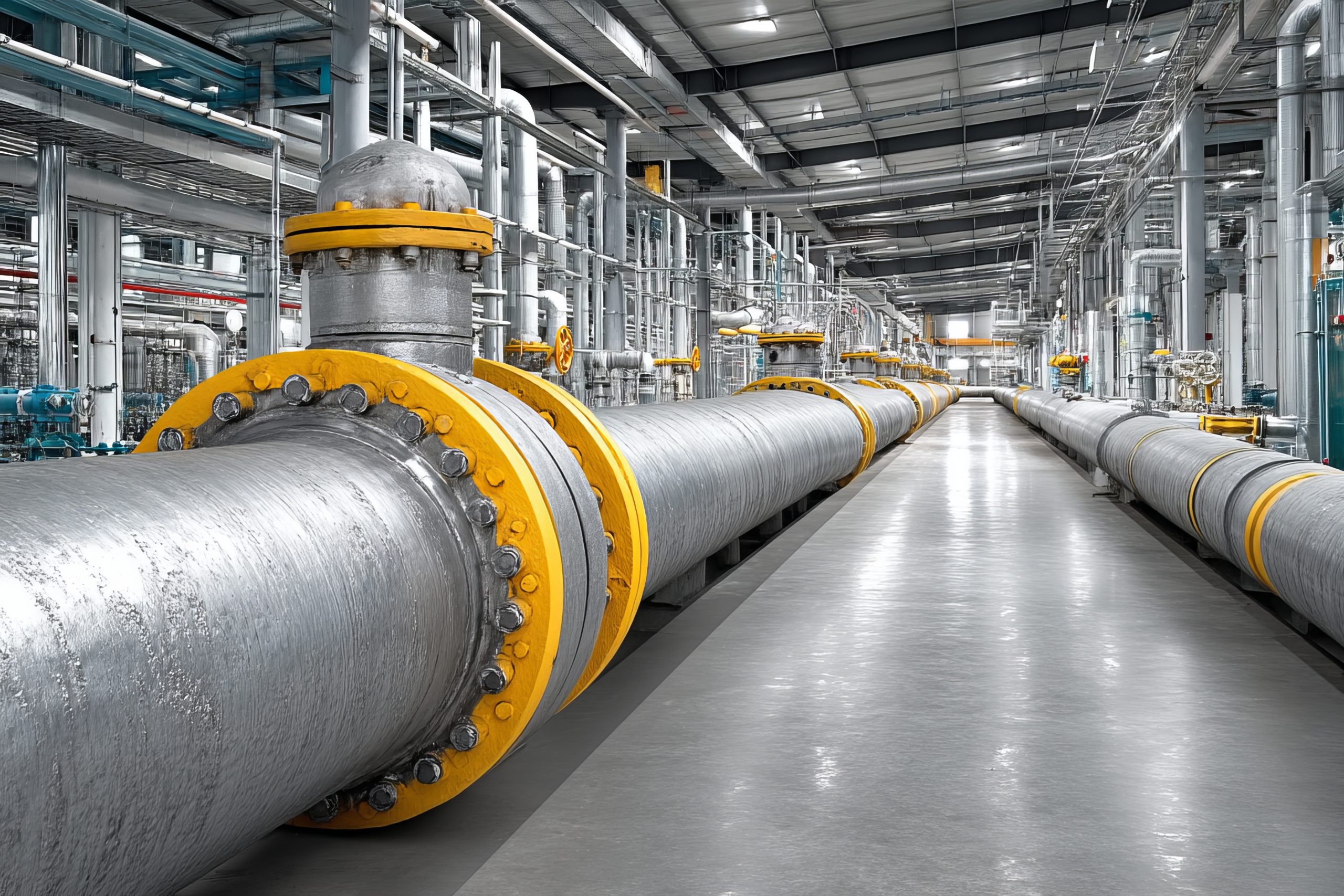 Industrial water processing system with large metal pipes and valves in clean factory environment Industrial water processing system with large metal pipes and valves in clean factory environment